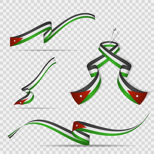 Flag of jordan. 25th of may. set of realistic wavy ribbons in colors of jordanian flag on transparent background. independence day. national symbol. seven-pointed star. vector illustration.