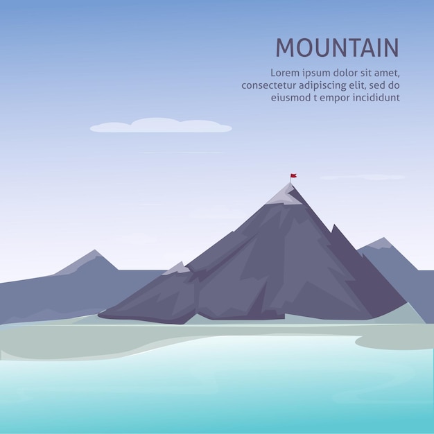 Flag on the mountain. Business concept. Winning of competition or triumph design. Cartoon style 