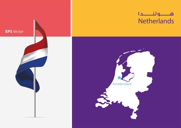 Vector flag of netherlands on white background with map