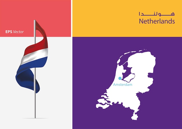 Flag of Netherlands on white background with map