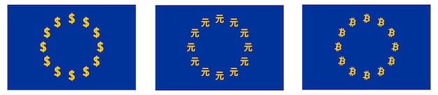Флаг европейского союза, звезды заменены на доллар, юань или юань, знак биткойн. торговля еврозоны с сша, китаем и концепция торговли криптовалютой
