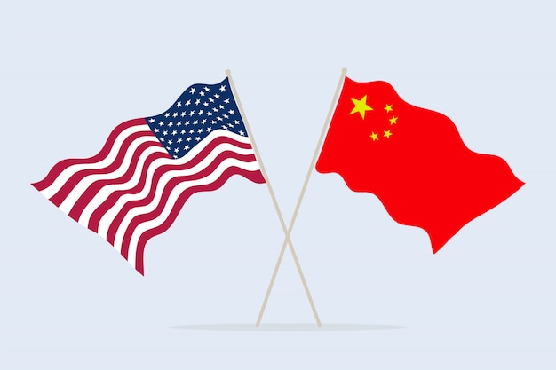 アメリカと中国の旗を一緒に。国家の友情と協力の象徴。図。