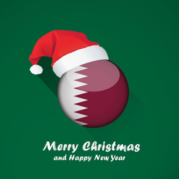 Bandiera del qatar. buon natale e felice anno nuovo design di sfondo con bandiera rotonda lucida del qatar. illustrazione vettoriale.