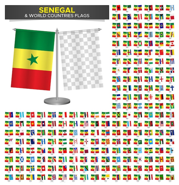 Vettore bandiera del senegal vs paesi del mondo impostata illustrazione vettoriale della modella della bandiera del senegal