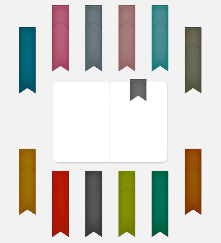 Vector flag shaped colored bookmark set multicolored folded ribbon notebook page divider template