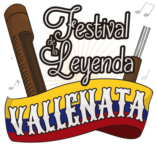 Vector flag and traditional wooden guacharaca and fork for events of vallenato legend festival