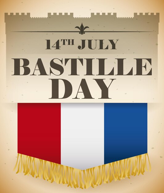 Flag with fringes in a retro poster with bastille day date