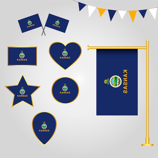 Raccolta di bandiere degli emblemi e delle icone dello stato del kansas degli stati uniti in diverse forme