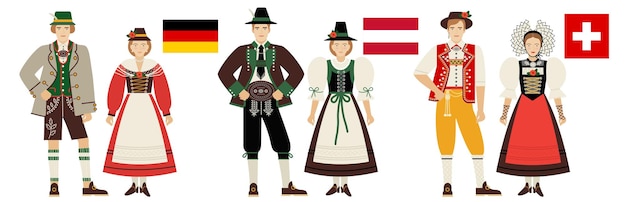 Vector flags and costumes of germanspeaking countries of western europe