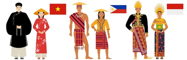 Vector flags and costumes of southeast asia