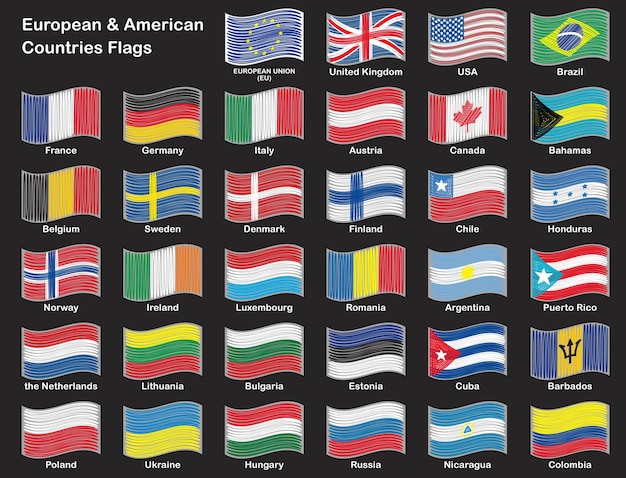 Vector flags europe countries america national waving from over world with names set vector flag isolated