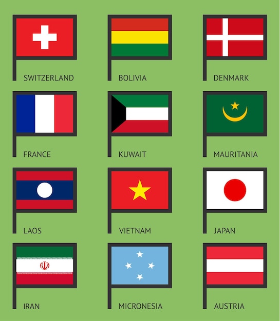 Vector flags of iran, denmark, japan, france, austria, switzerland, kuwait, micronesia, laos, mauritania, vietnam, bolivia