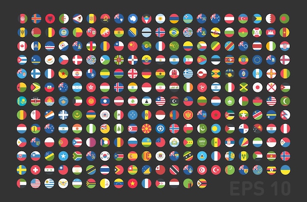 모든 국가의 국기는 평면에서 웹 버튼을 둥글게 만듭니다. 벡터 Eps 10