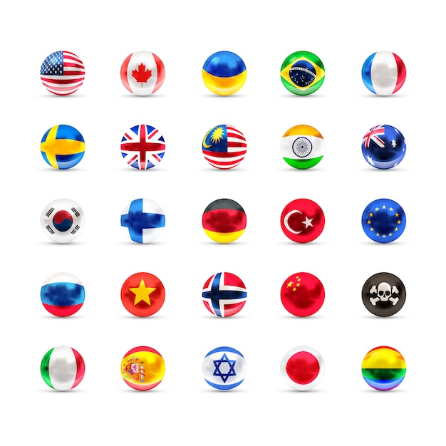 Vector flags of sovereign states projected as a glossy spheres on a white background