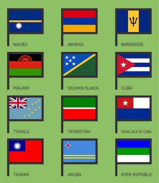 Vector flags tatarstan, komi republic, armenia, cuba, tuvalu, taiwan, solomon islands, nauru, barbados, aruba, malawi