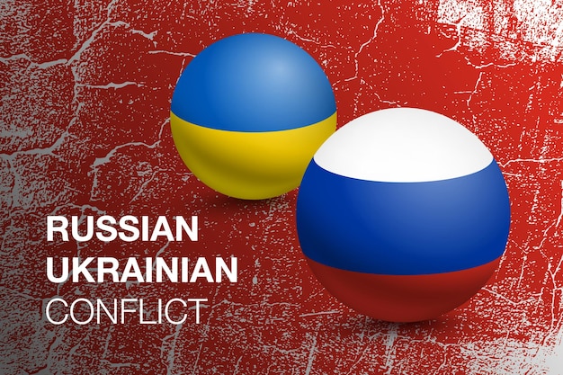 Flags of ukraine and russia in the form of a ball. conflict concept. vector illustration with grunge background