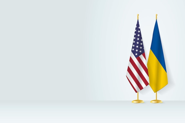 Flags of United States and Ukraine on flag stand meeting between two countries