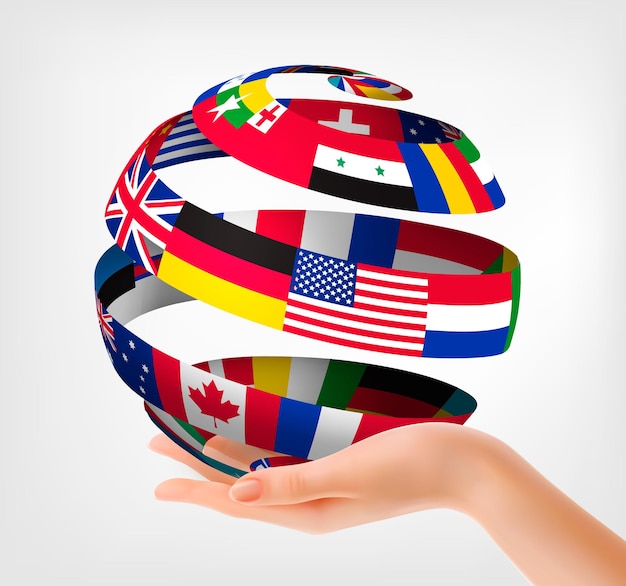 Vettore bandiere del mondo su un globo, tenute in mano. illustrazione.