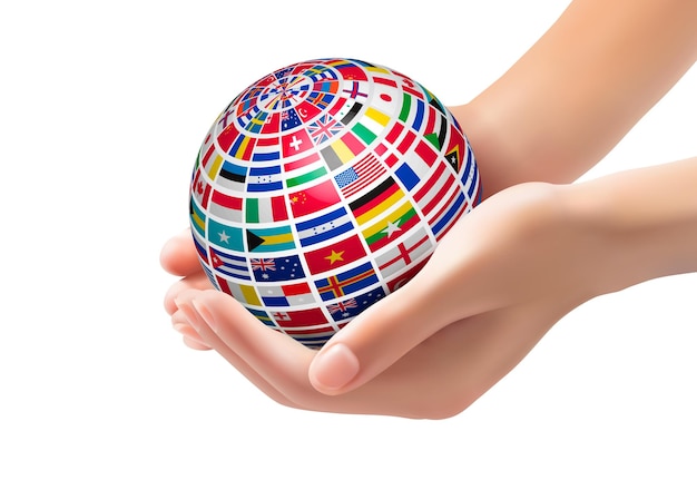 Flags of the world on a globe, held in hands.  illustration.