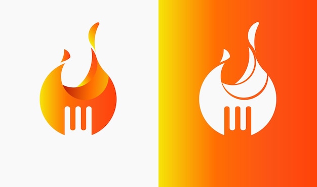 Concetto di design del logo combinato di fiamma e forcella in giallo brillante e sfumatura arancione