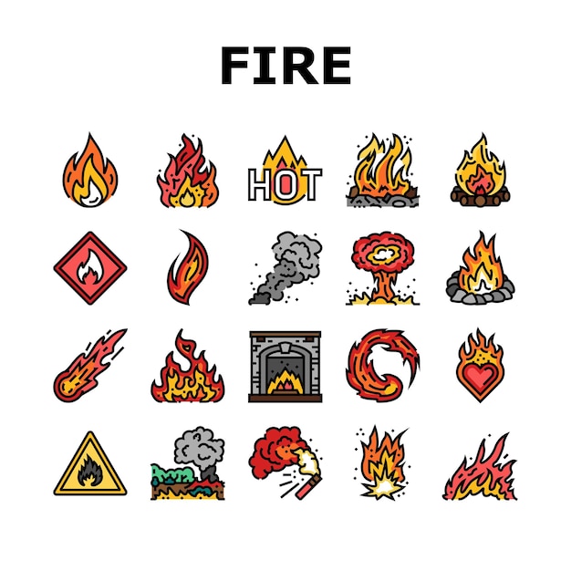 Flame hot fire burn bonfire heat icons set vector