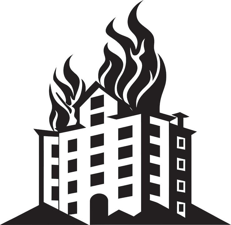 Vector flame symbol building on fire vector black logo icon disaster icon blaze in building vector black l