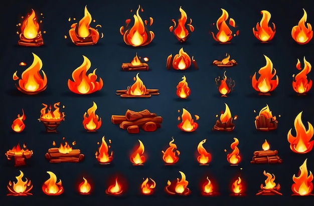 Flames isolated vector illustration set Flame bright fire campfire burning forest fire and fiery