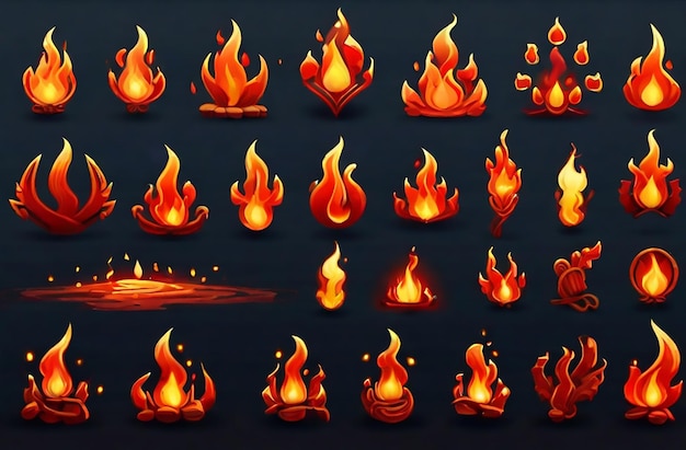 Flames isolated vector illustration set Flame bright fire campfire burning forest fire and fiery