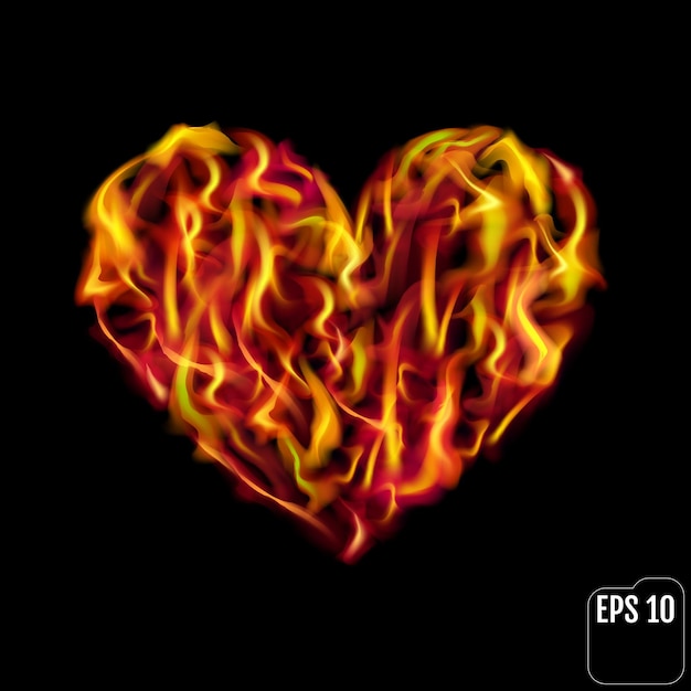 Vector flaming heart isolated on black background love symbol