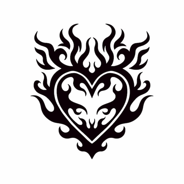 Flaming Heart Love Symbol Logo on White Background Tribal Stencil Tattoo Vector Illustration
