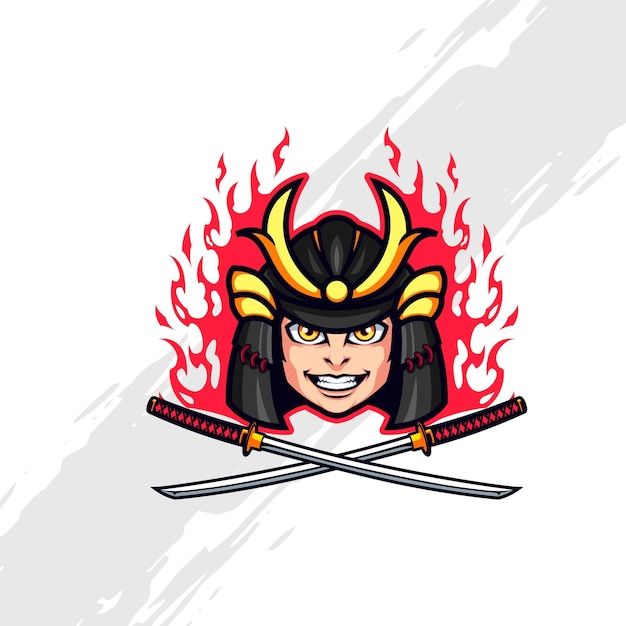 Vettore flaming little samurai head con doppio logo mascotte katana