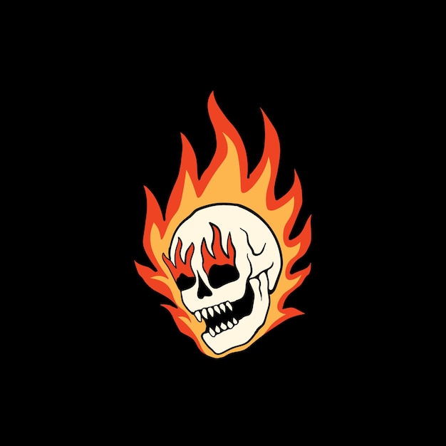 flaming skull on fire hand drawn vector illustration