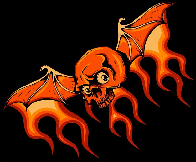 Vector flaming skull with fire wings illustration design on black background