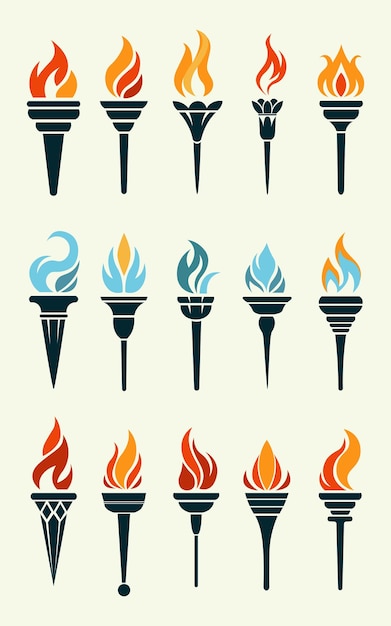 Vector flaming torch icons collection cartoon torch with flame burning fire or flame sport fire sign