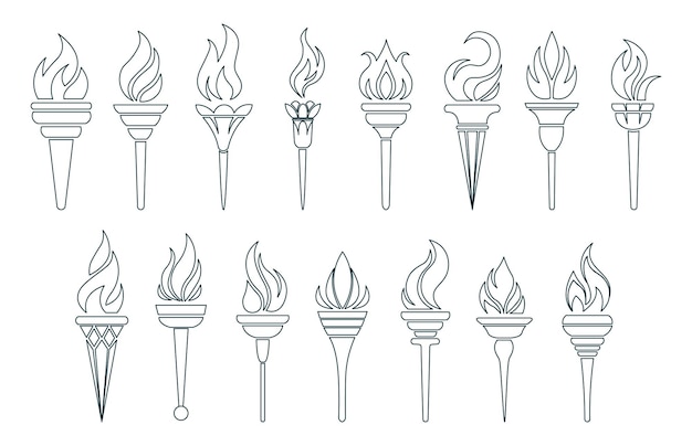 Vector flaming torch icons outline collection outline torch with flame burning flame sport fire sign