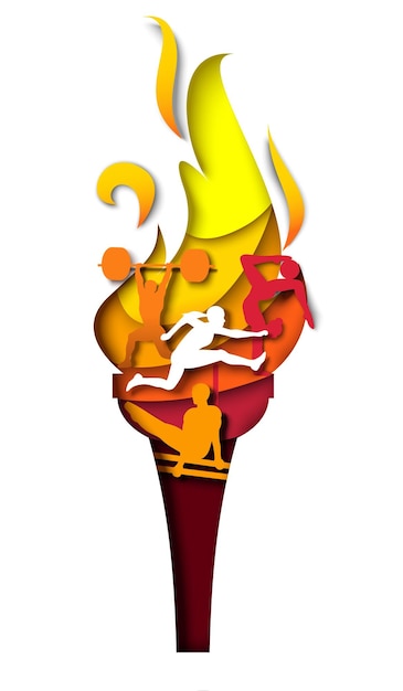 Vector flaming torch with athlete silhouettes vector paper cut illustration sport competition torch relay o...