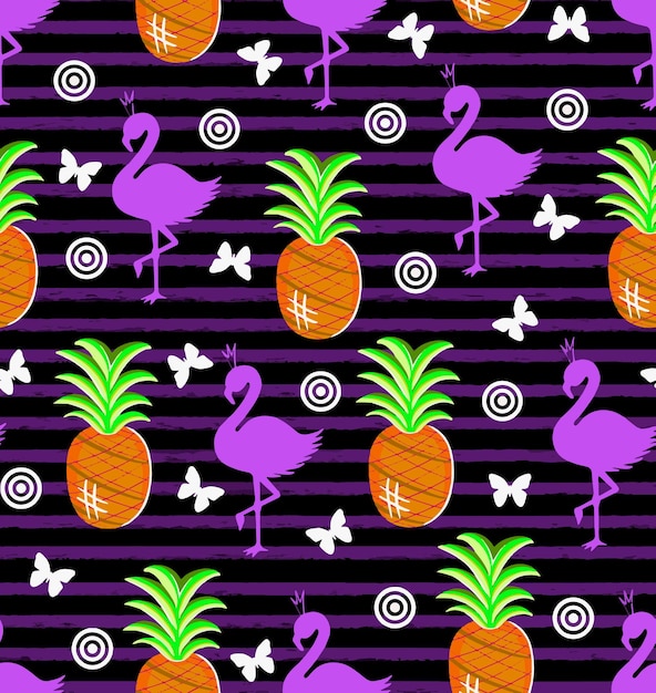 Flamingo-ananaspatroon op een donkere gestreepte achtergrond Digitale overtrekillustratie