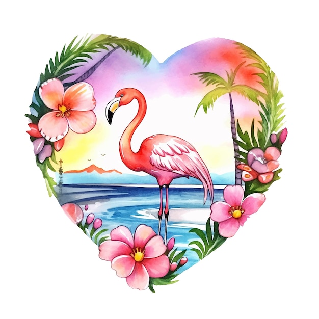 Flamingo and beach view inside heart shape surrounded with flowers watercolor ilustration