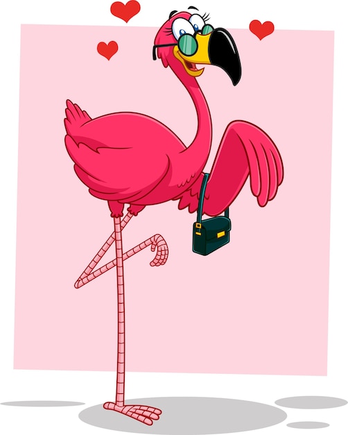 Фламинго птица девушка мультипликационный персонаж с очками и сумочкой