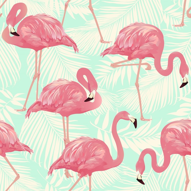 Vector flamingo bird and tropical palm background - seamless pattern vector