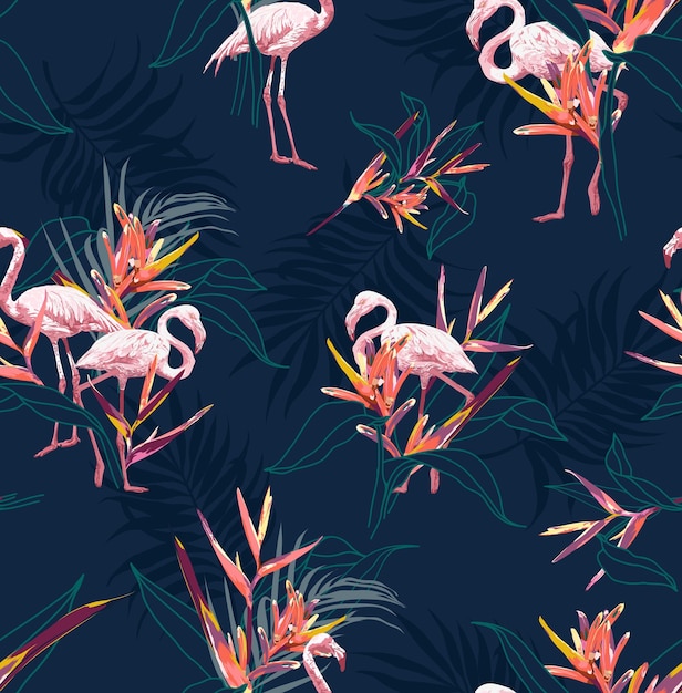 Flamingo bird with bird of paradise illustration vector seamless pattern art on orange pastel