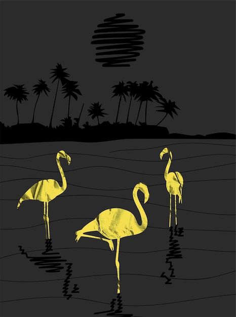 Flamingo birds gold paper silhouettes standing in water in the night abstract landscape