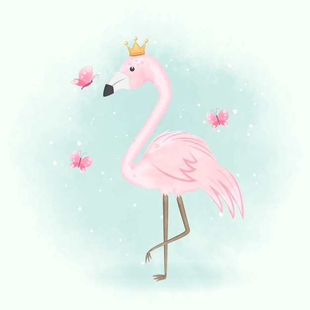 Flamingo and butterflies hand drawn illustration