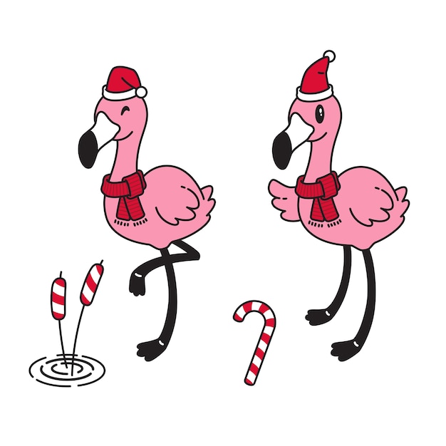 フラミンゴクリスマスサンタクロース帽子キャンディケイン漫画のキャラクター