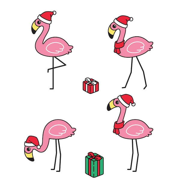 Vector flamingo christmas santa claus hat gift cartoon character