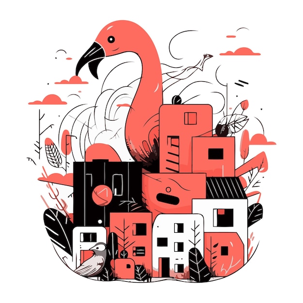 Vettore flamingo in città illustrazione vettoriale in stile piatto