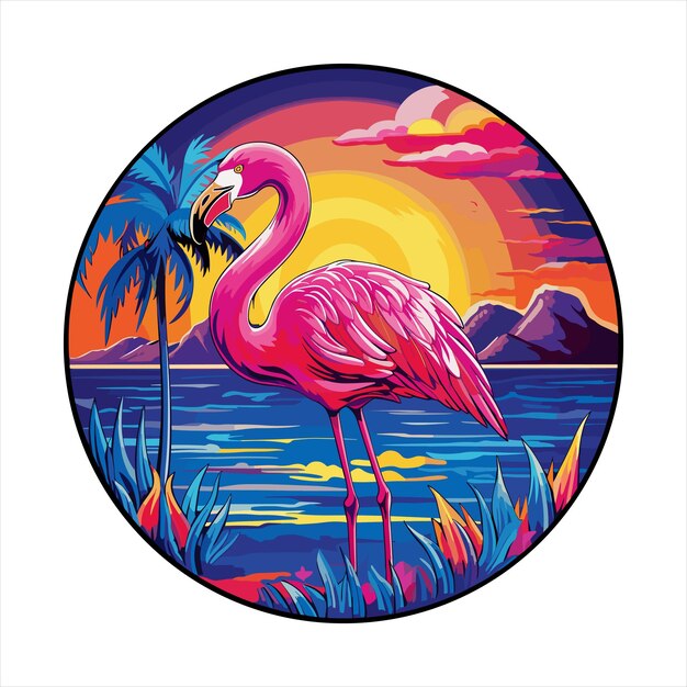 Vettore flamingo colorful cartoon kawaii personaggio beach sunset animal pet sticker illustrazione isolata