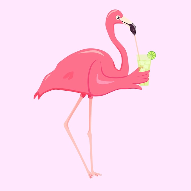 A Flamingo Drinks Ice Lime Cocktail Cartoon Vector Illustration