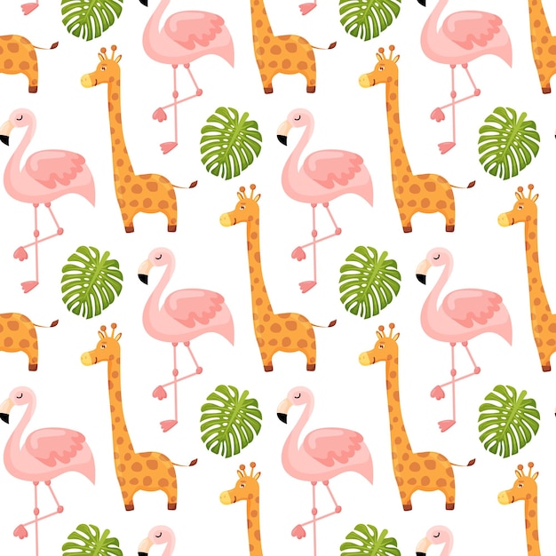 Flamingo en giraffe leuke naadloze patroon dierlijke zomer wallpaper achtergrond