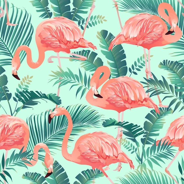 Flamingo en tropische palm achtergrond naadloze patroon vector.